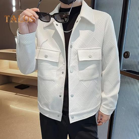 Herrenjacke Revers Langarm Pattentaschen Einreihiger Jackenmantel Einfarbig Gestreiftes Jacquardmuster Oberbekleidung