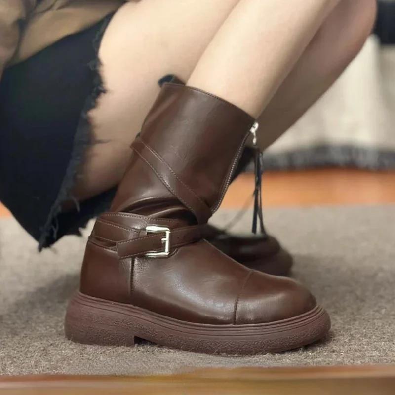 

Модная обувь для женщин Высококачественные женские ботинки на молнии Зимние ботинки с круглым носком Однотонные ботинки средней длины на массивном каблуке Модные ботинки Zapatos De Mujer 40 коричневый