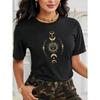 Women Summer Sun & Moon Graphic Print T-Shirt Round Neck Short Sleeve Loose Fit Casual Versatile Everyday Top