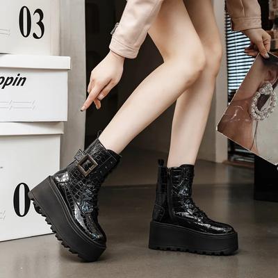 Fashion PU Leather Short Boots For Lady 2025 New Autumn Winter 8CM Height Increasing Shoes Small Size 34 Women Thick Sole Casual Boots