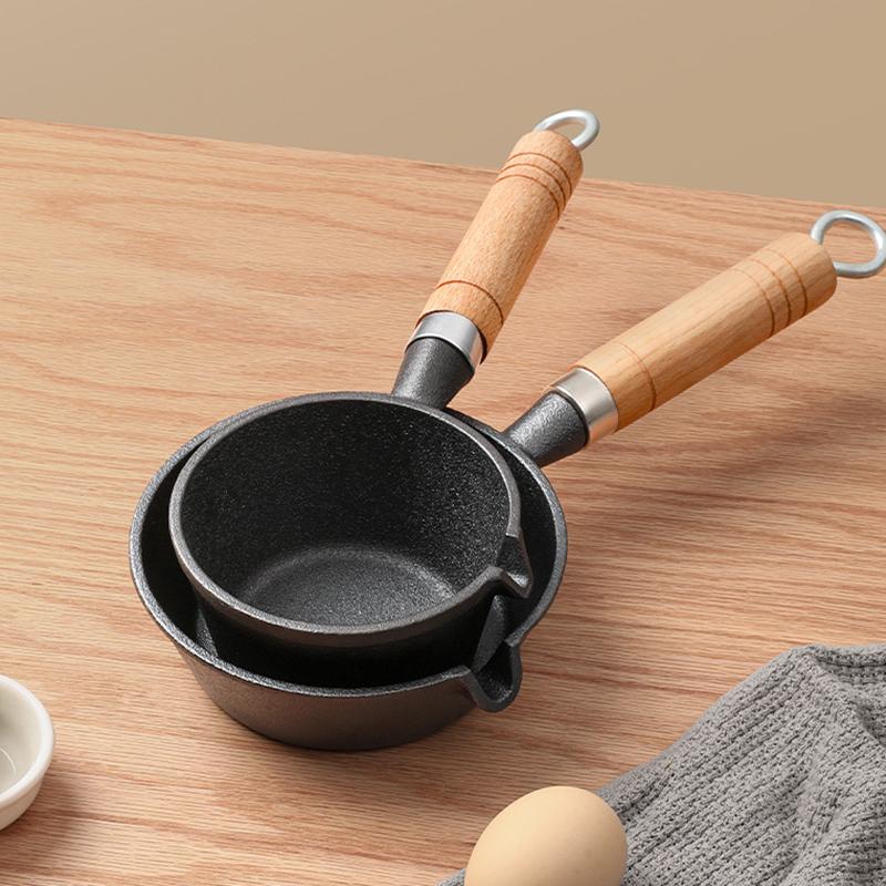 Thickened Cast Iron Mini Egg Frying Pan 8/10cm Double Drip-Spouts Mini Cooking Pot Uncoated Wooden Handle Non Stick Frying Pan