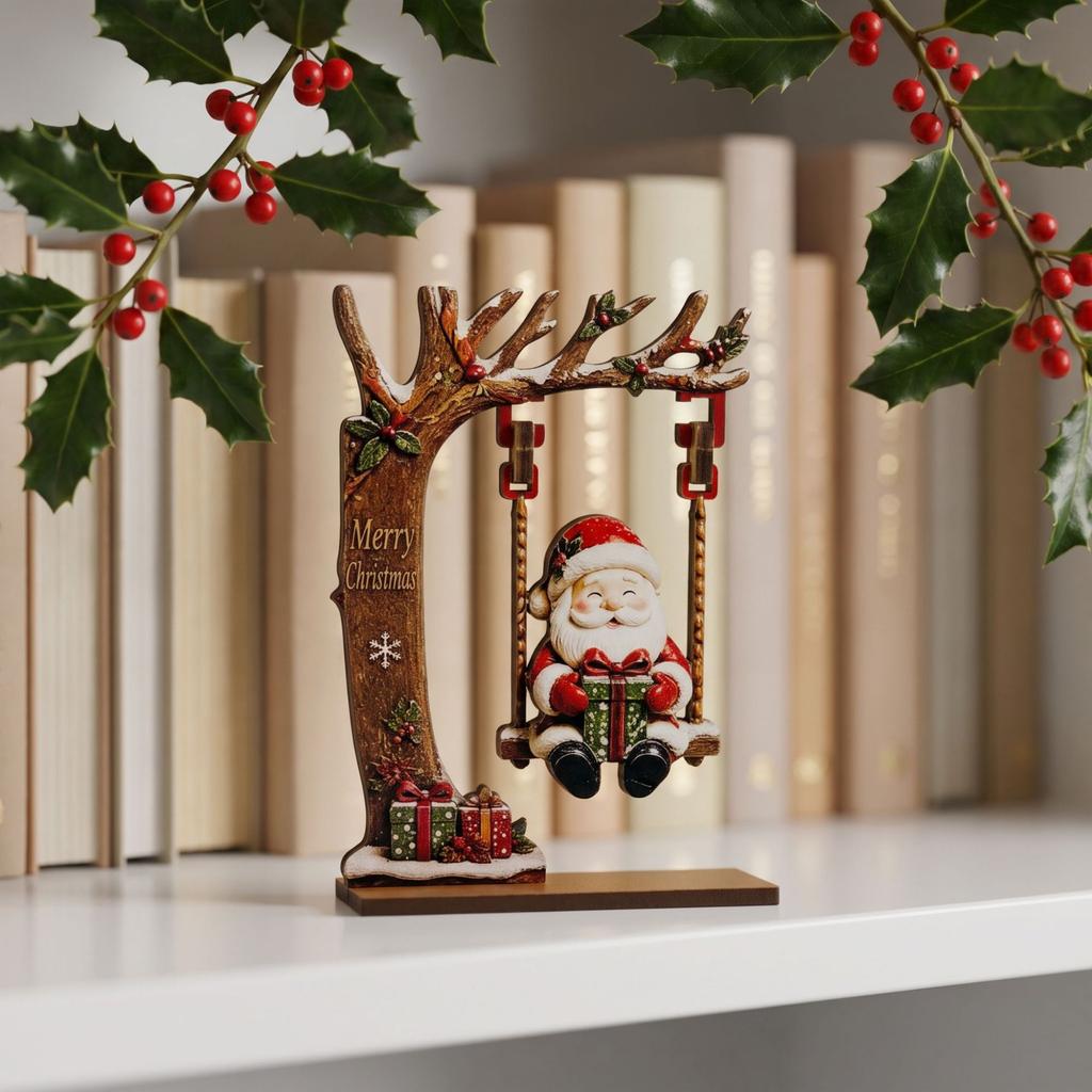 2D Wooden Swing Figurine Christmas Tabletop Decor Bookshelf Shelf Ornament