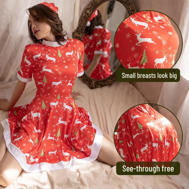 Elk Christmas Dress: Slim Fit Short Sleeve Lingerie Pajamas for Women