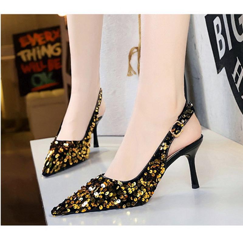 Fashion Fashion Bling Design Heeled Sandals Women Summer Sexy Pointed Toe Hollow Back Strap Thin High Heels Elegant Banquet Women Pumps