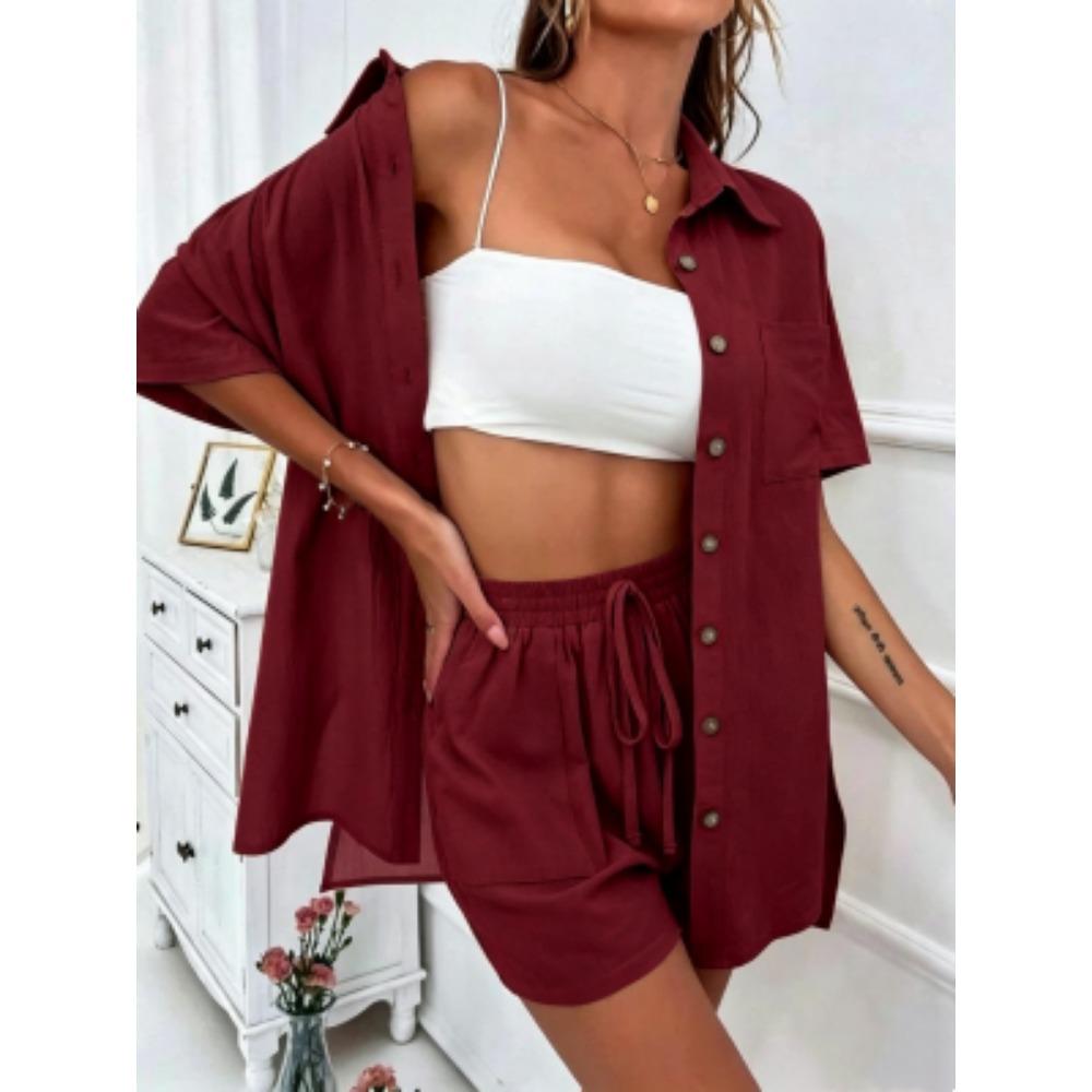 European American Outdoor Street Women's Shirt Shorts 2-piece Set Summer Women's Short Sleeved Shirt Shorts Home Vacation Casual Women's Set
