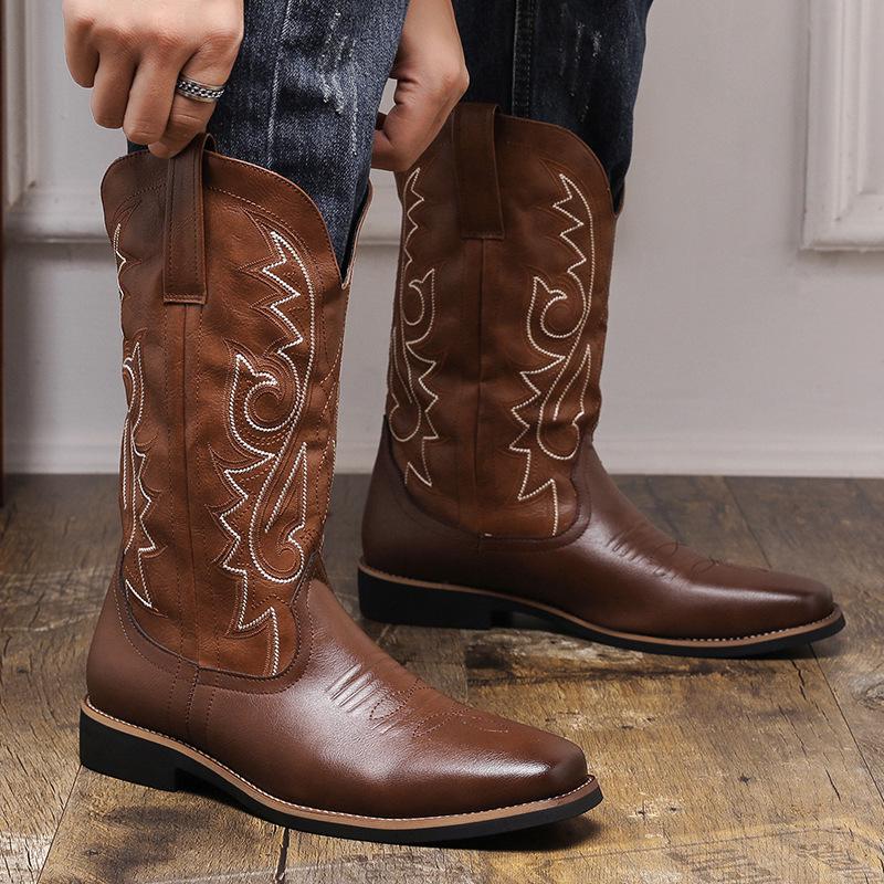 Herren Retro Leder Cowboy Stiefel - Größe 48 Hohe Stiefel für Frühling, Herbst und Winter Trends
