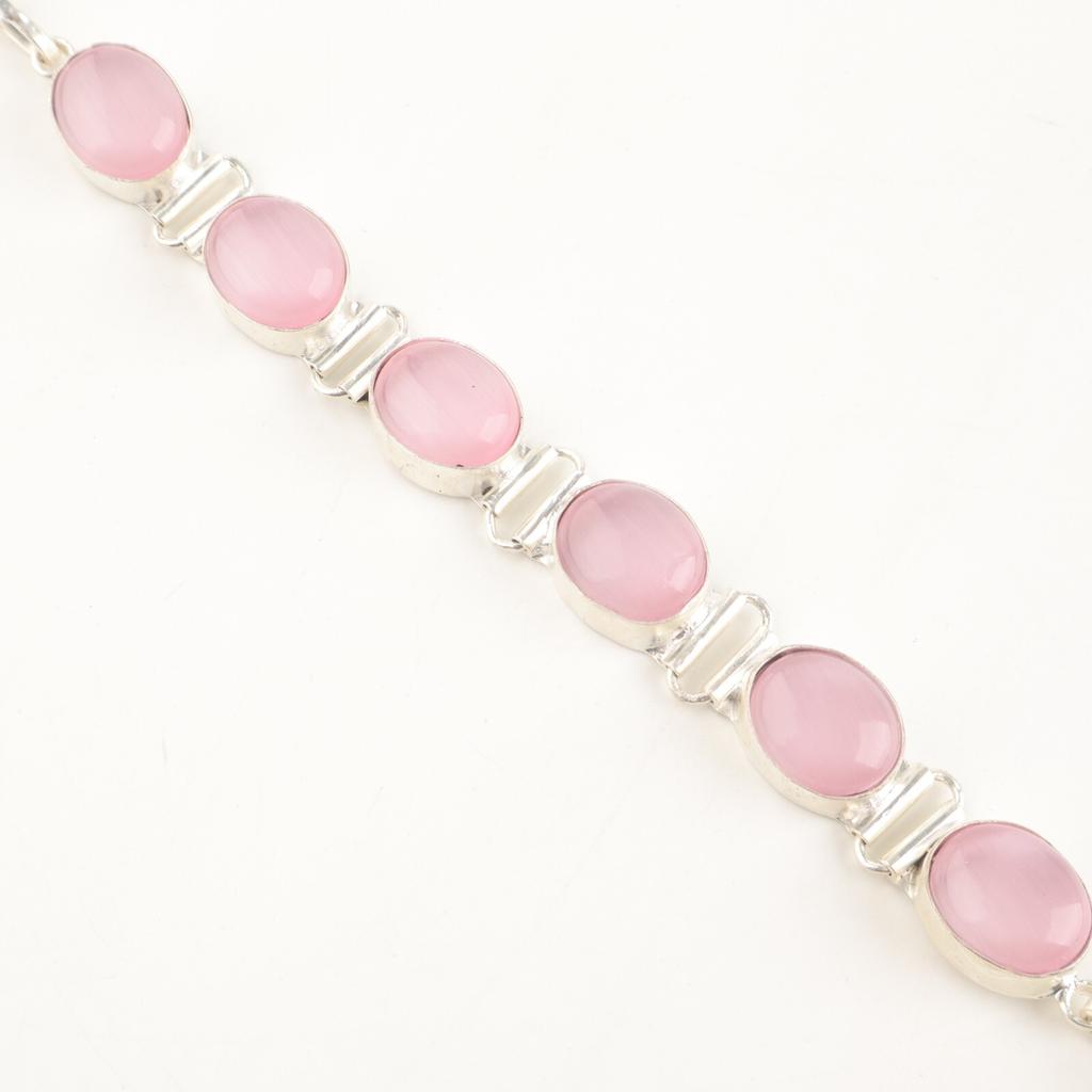 Natural Pink Cat's Eye Gemstone 925 Sterling Silver Jewelry Handmade Bracelet 8" RB-4-27