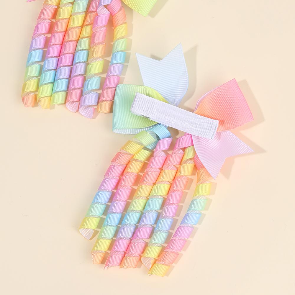 2Pcs Ribbon-Tassel Hair Clips Popular Sweet Rainbow Curly Ribbon Double Ponytail Hairpin Baby Girl Hair Accessories For Children