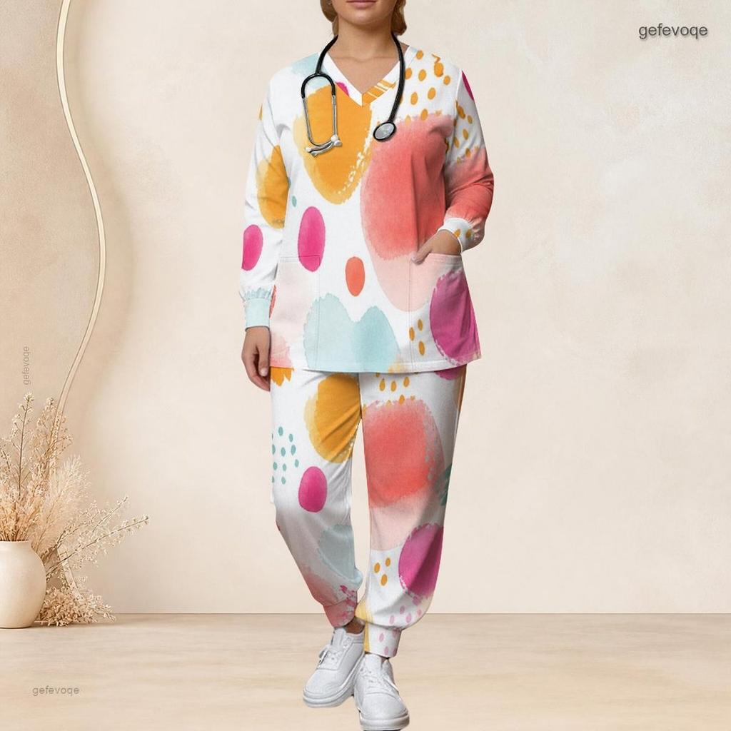 Women Plus Size Printed Dark Blue Nurse Scrub Set V Neck Long Sleeve Pockets Top Long Pants Two Piece