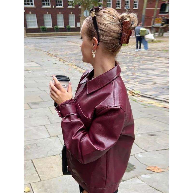 Spring and Autumn Women Long Sleeve Jacket Pu Leather Lapel Zipper Motorcycle Retro Coat Loose Casual Fashion Street Wear