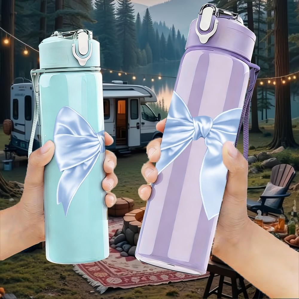 1PC Light Blue Satin Bow Decor Print 750ml Color Plastic Sports Water Bottle Leakproof Flip Straw Lid Suitable for Sports Office Home Use