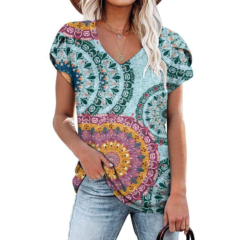 Womens Ladies Summer V Neck Blouse Solid Color Printed Short Sleeves T-shirt Tops