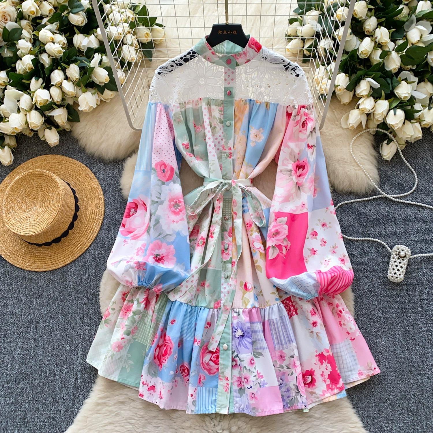 

Весна-лето Женские элегантные платья с рукавами-фонариками и кружевным принтом в стиле пэчворк Короткие свободные платья на шнуровке XXL