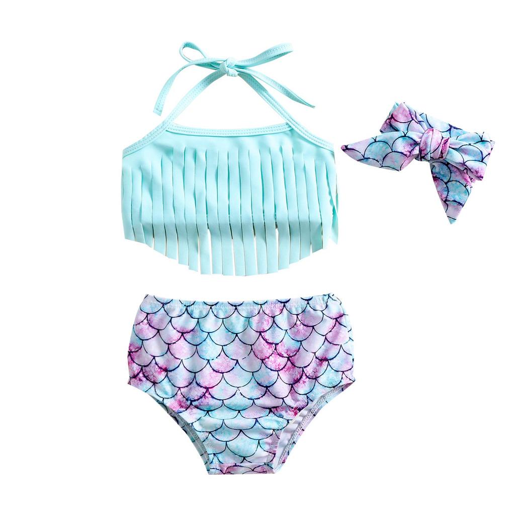 Baby Girl Mermaid Tassel Swimsuit with Sun Protection Shirt and Bubble Sleeves