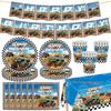 Conjunto de Festa de Aniversário de Monster Truck Off-road: Pratos Preto e Branco, Toalha de Mesa, Guardanapos