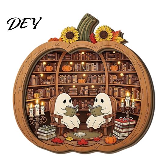 Halloween Bookstore Scene Ghost Wooden Tabletop Ornament, 2D Flat Cute Reading Bathing Whimsical Book Nook Watering Plaque with Stand for Home Shelf,
