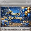 2D Blue Gold Themed Happy Birthday Background Banner for Party Decoration & Photo Booth