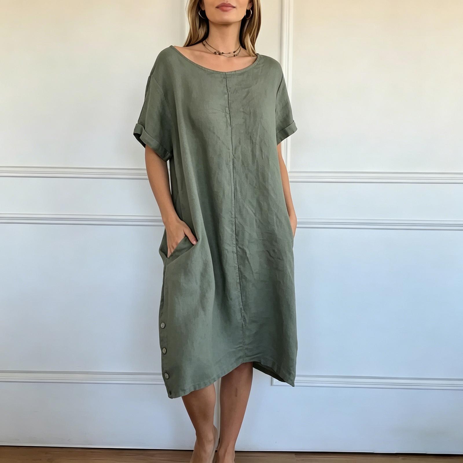 

Loose Fit Short Sleeve Casual Dress Women Round Neck Relaxed Fit Comfortable Everyday Wear Midi Length Dress with Side Button Detail XXL