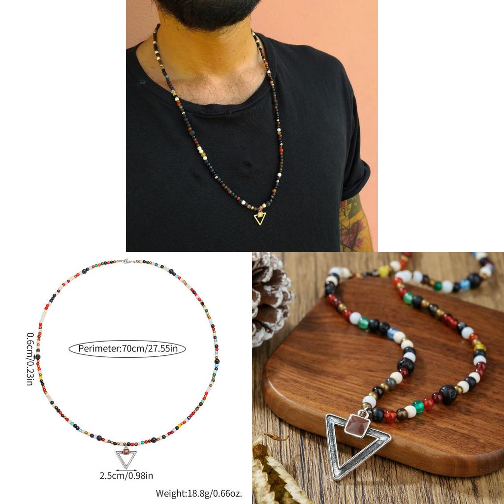 Tribal Pattern Handmade Long Pendant Necklace With Volcano Stone And Glass Beads For Daily Wear