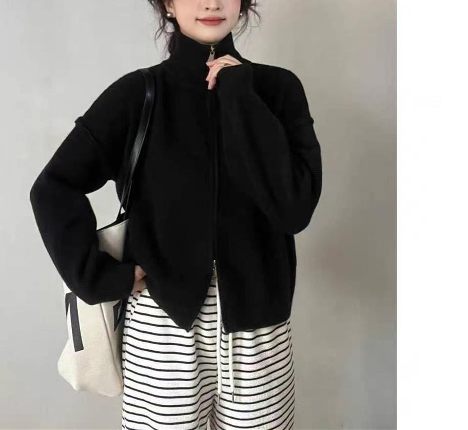 Foreign Trade New Double Zipper Reverse Set Design Sense Loose Simple Knitted Cardigan Solid Color Casual Sweater Jacket Women