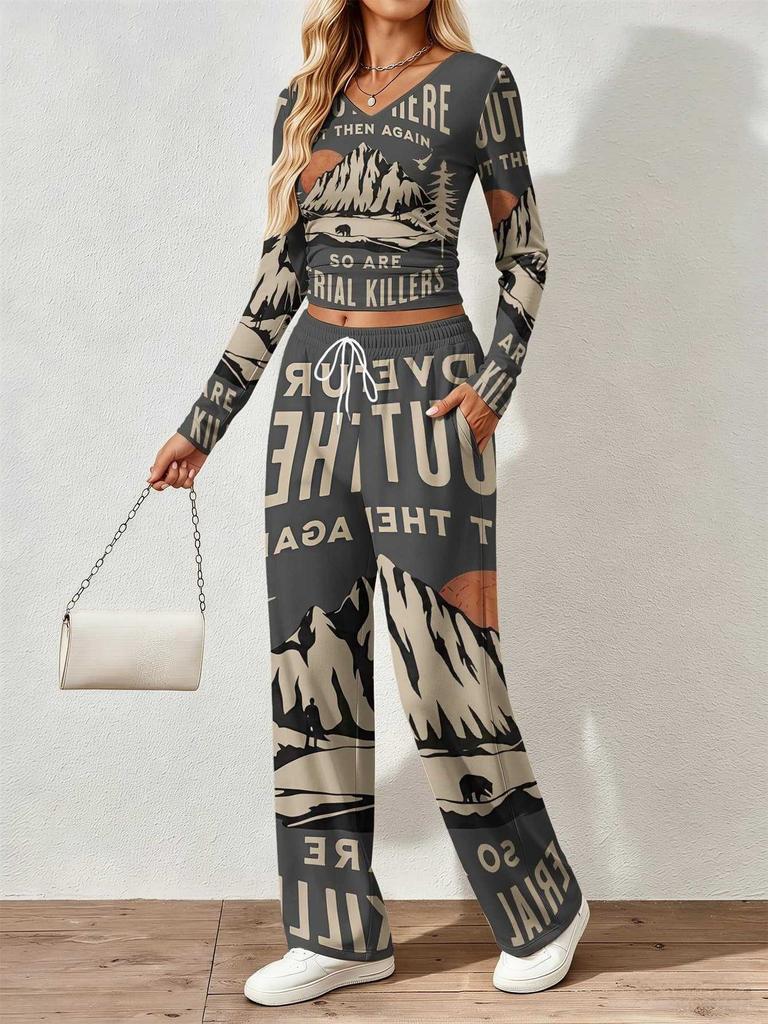 Spring and Autumn digital print women's V-neck long sleeve pants set, comfortable, casual, versatile, slim fit two-piece set