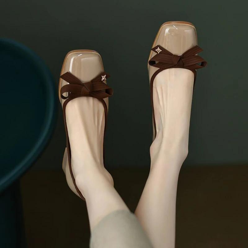 Women Casual Retro Bowknot Flat Shoes Winter Fashion British Style Elegant Square Toe Stiletto Pumps