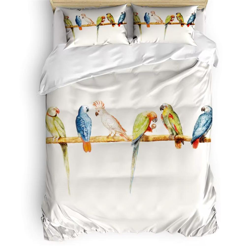 Parrot King Queen Bedding Set Cute Birds Colourful Feather Duvet Cover Tropical Flowers Comforter Cover Polyester Quilt Cover