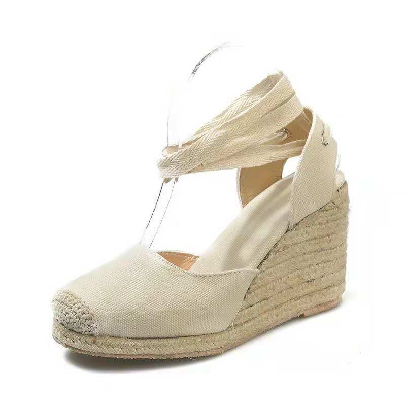 

20 summer new wedge heel fish mouth sandals women s straps straw rope flat high heel sandals 43 бежевый