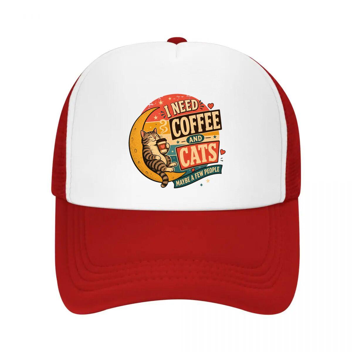 Retro Cat Lover Coffee Humor Design Mesh Baseball Cap Casual Hat Outdoor For Womens Unisex FeUnisex One Size