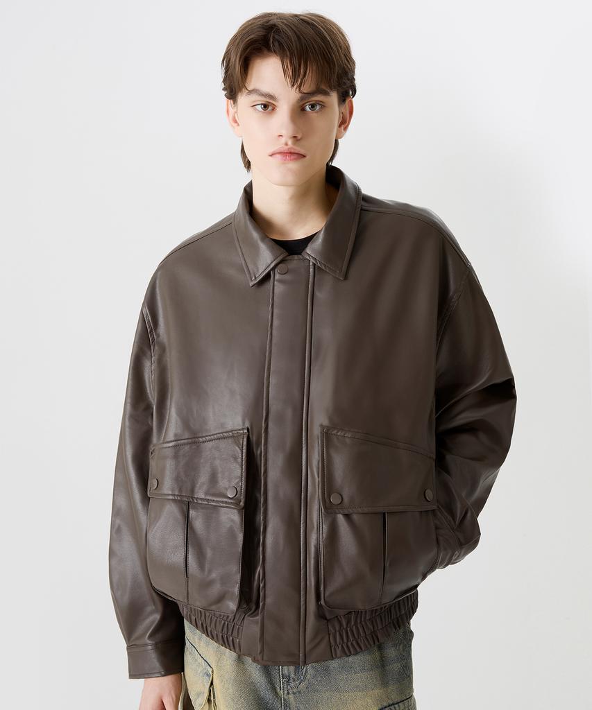 Trillion Vegan Leather Two-Pocket Blouson Jacket [Brown]
