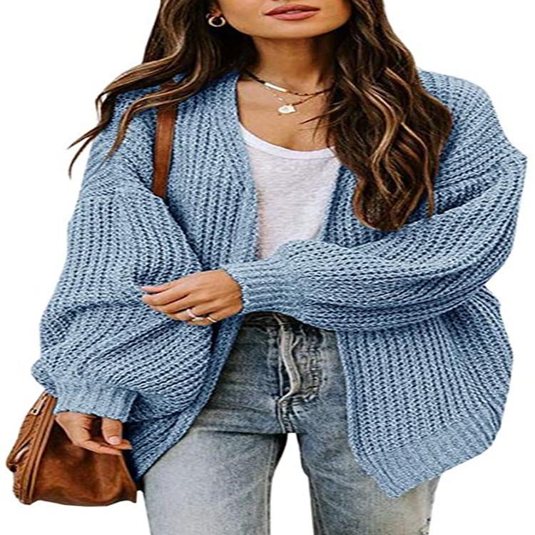 2025 Women's Plus Size Loose Knitwear Cardigan with Lantern Sleeves - Solid Color European and American Style Sweater.