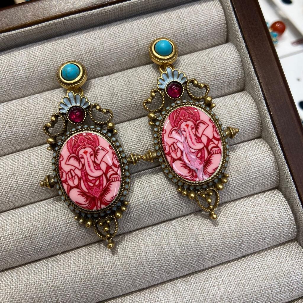 Medieval Retro Court Style Heavy Industry Pink Elephant Printing Stud Earrings High Quality Western Antique Earrings Medieval Earrings