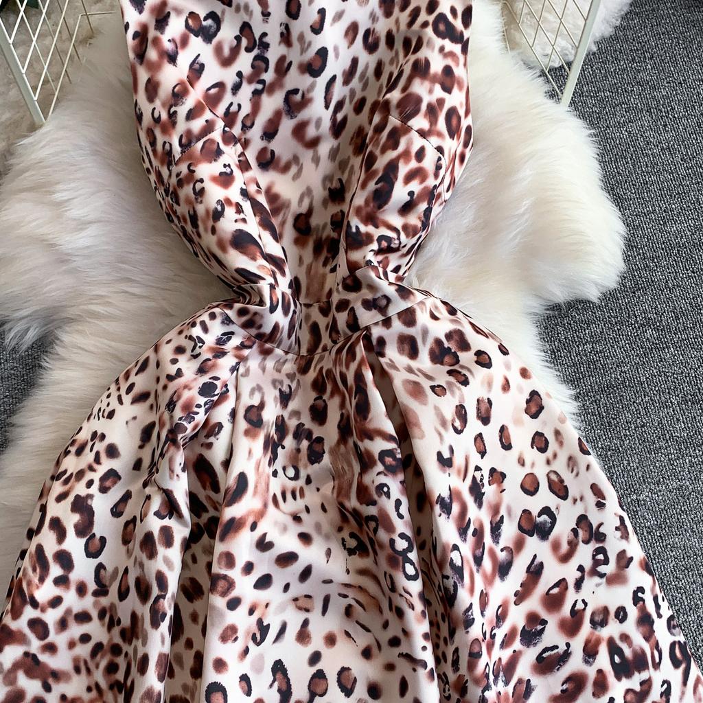 Elegant Sleeveless Leopard Print Summer Dress Women's Round Neck Three-Dimensional Cutting Drapped Slim Party Dresses Robes
