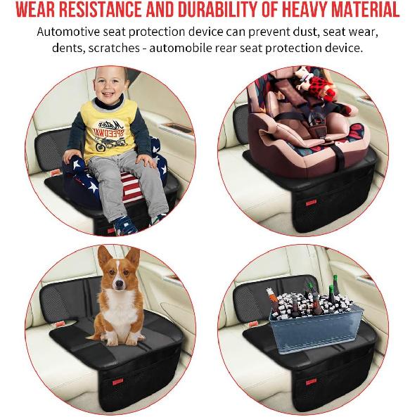 Car Seat Protector - Seat Protection Mat - Thick Padding - Durable, Waterproof Fabric, Leather Reinforced Corners & 3 Pockets for Handy Storage Black