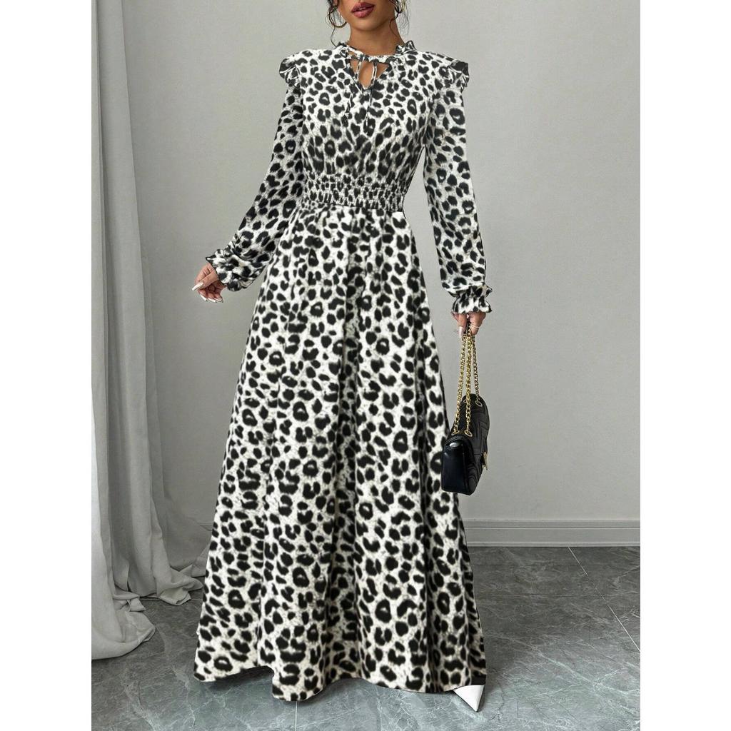 Women's Stand Collar Long Sleeve Maxi Dress Loose Elastic Waist Floral A-Line Sundress Polyester Vacation Dress