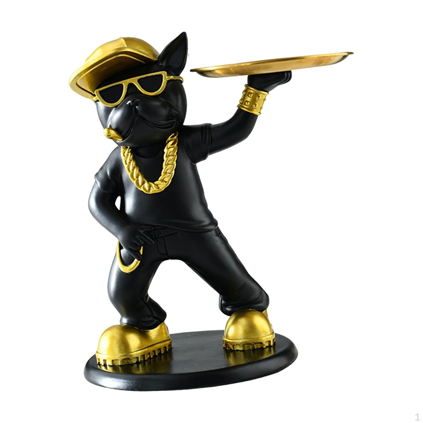

Cool Statue, Animal Sculpture with Tray Key Holder Resin Sundries Storage Dog Figurine for Bedroom Black Pants