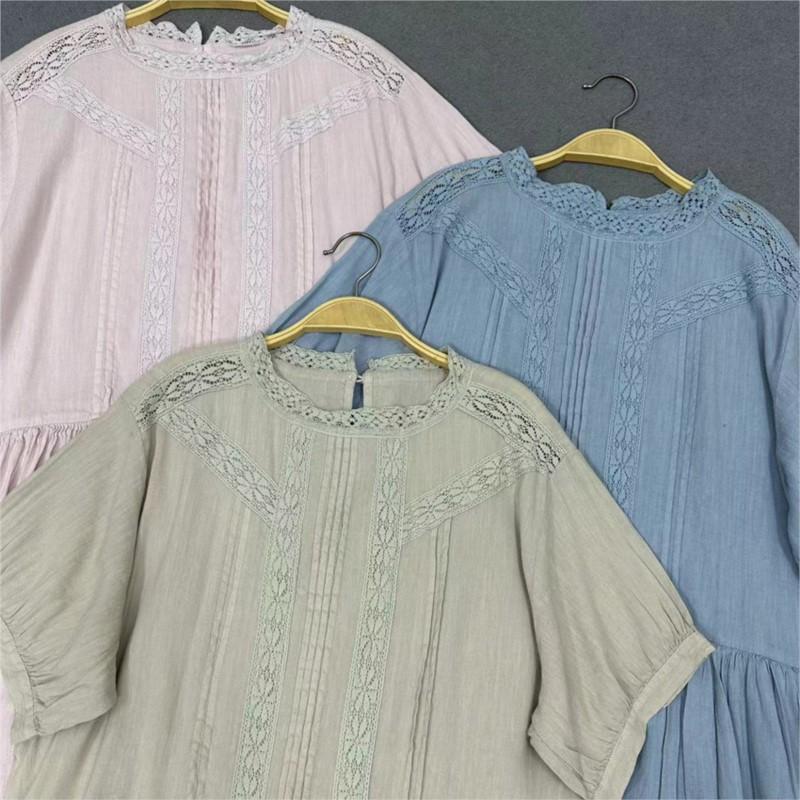 Johnature Summer Palace Style Loose Waist Patchwork Lace Dress Women Vintage Solid Color Ruffles Dresses