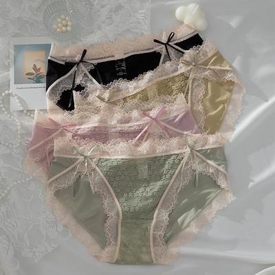 Módna Dámska Sexy Čipkovaná Nízkopásková Nohavička alebo Spodná Bielizeň Krásny Mašľový Lem Spodné Prádlo Saténový Komfort Intímne Oblečenie Spodná Bielizeň