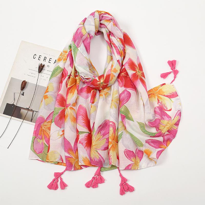 Elegant Floral Printed Hijab Cotton Viscose Tassel Shawl For Woman Fashion Beach Long Scarf Ladies Flower Headscarf 180*90cm