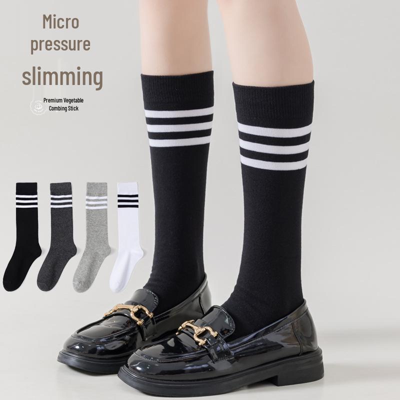 

Women s Autumn/Winter Three-Stripe Knee-High Cotton Socks - Japanese JK Slimming, Sweat-Absorbent, Breathable Design One Size чёрный