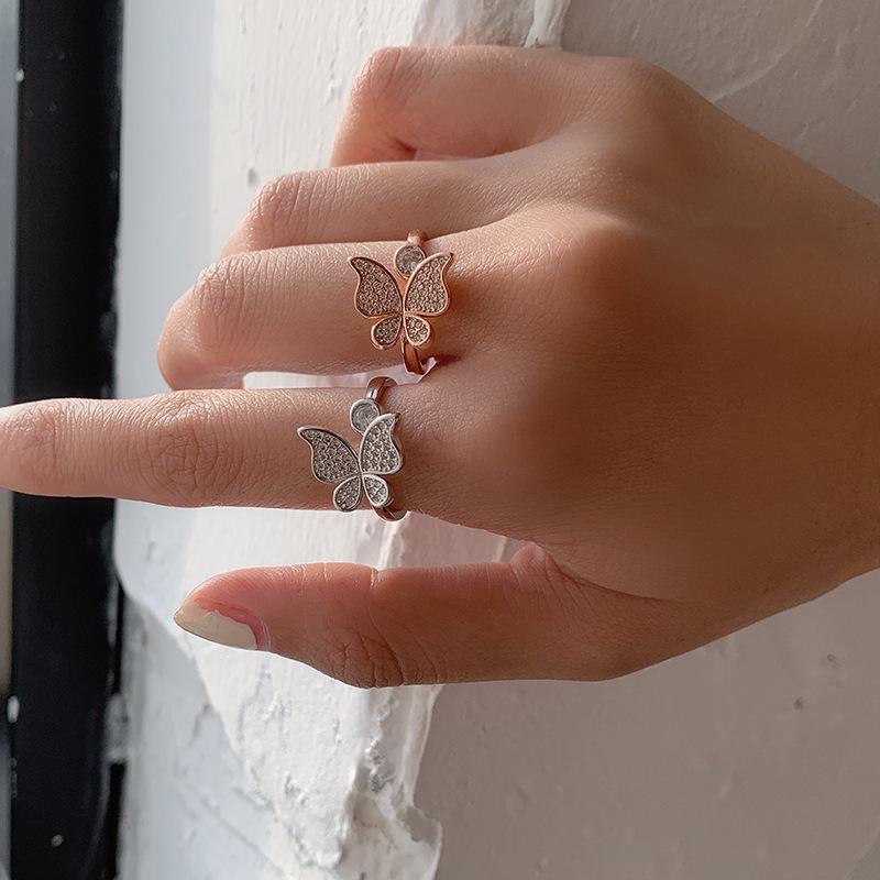 Japanese Korean Daily Commute Flower Leaf Adjustable Butterfly Ring - Women's Retro Light Luxury Fashion Accessory