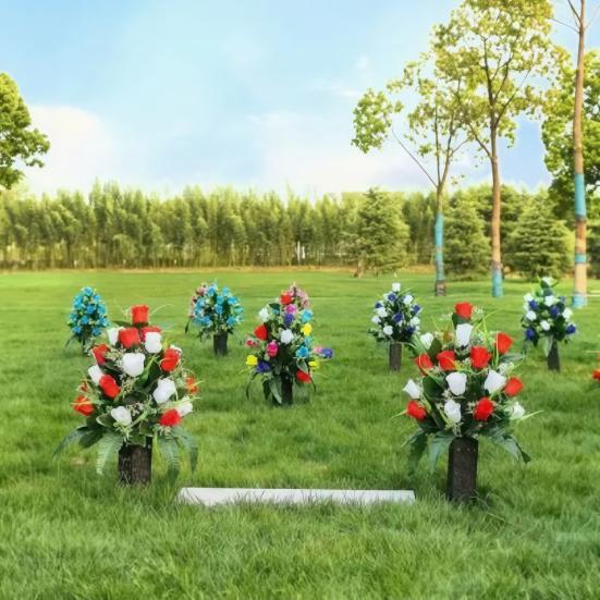 2 Pcs Artificial Cemetery Flowers Outside Fake Red White Rose with Long Nail Vase Memorial Flower Bouquet for Cemetery Headstone Graveyard Decor