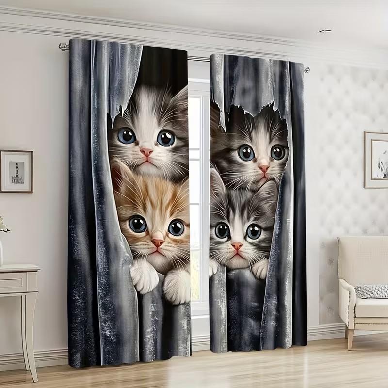 2 Pcs Many Cute Cats Print Curtains  Suitable for Bedroom  Living Room Kitchen Decoration  Home Decoration   Window Curtain