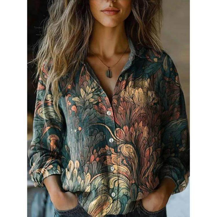 Spring Summer Vintage Floral Printed Long Sleeve Casual Shirt Womens Cotton Linen Style Blouse