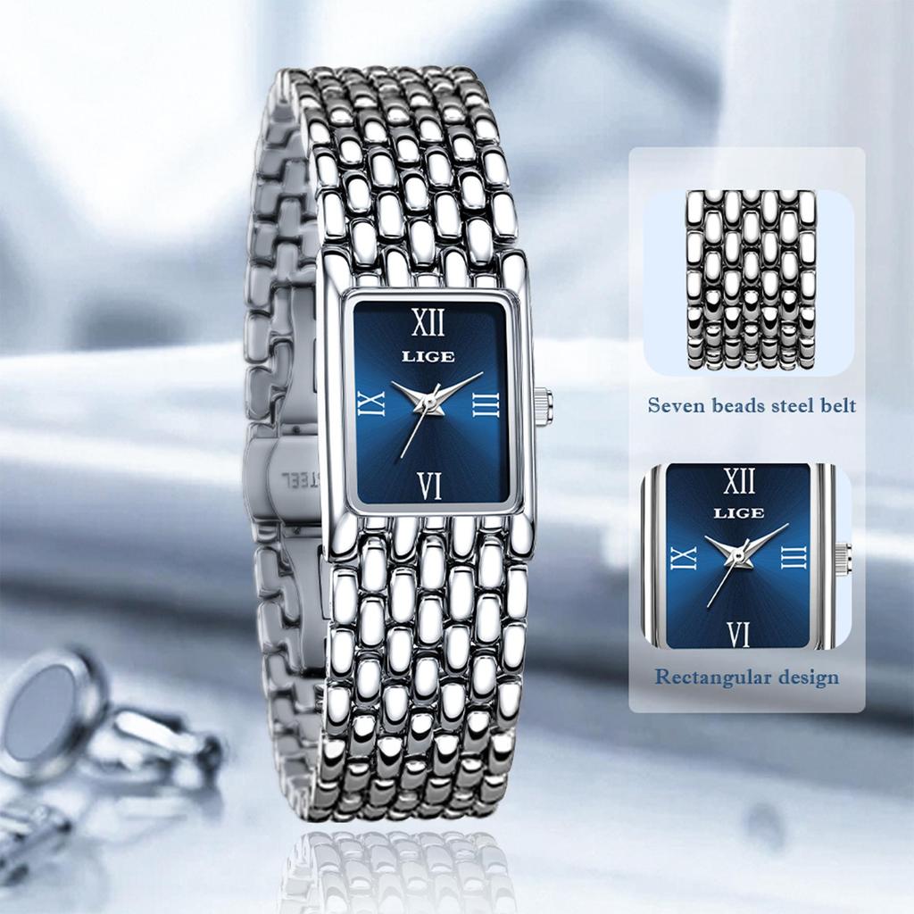 LIGE Damenuhr, schlicht, exquisit, elegant, neues Design, Edelstahl, wasserdicht, Damenuhr