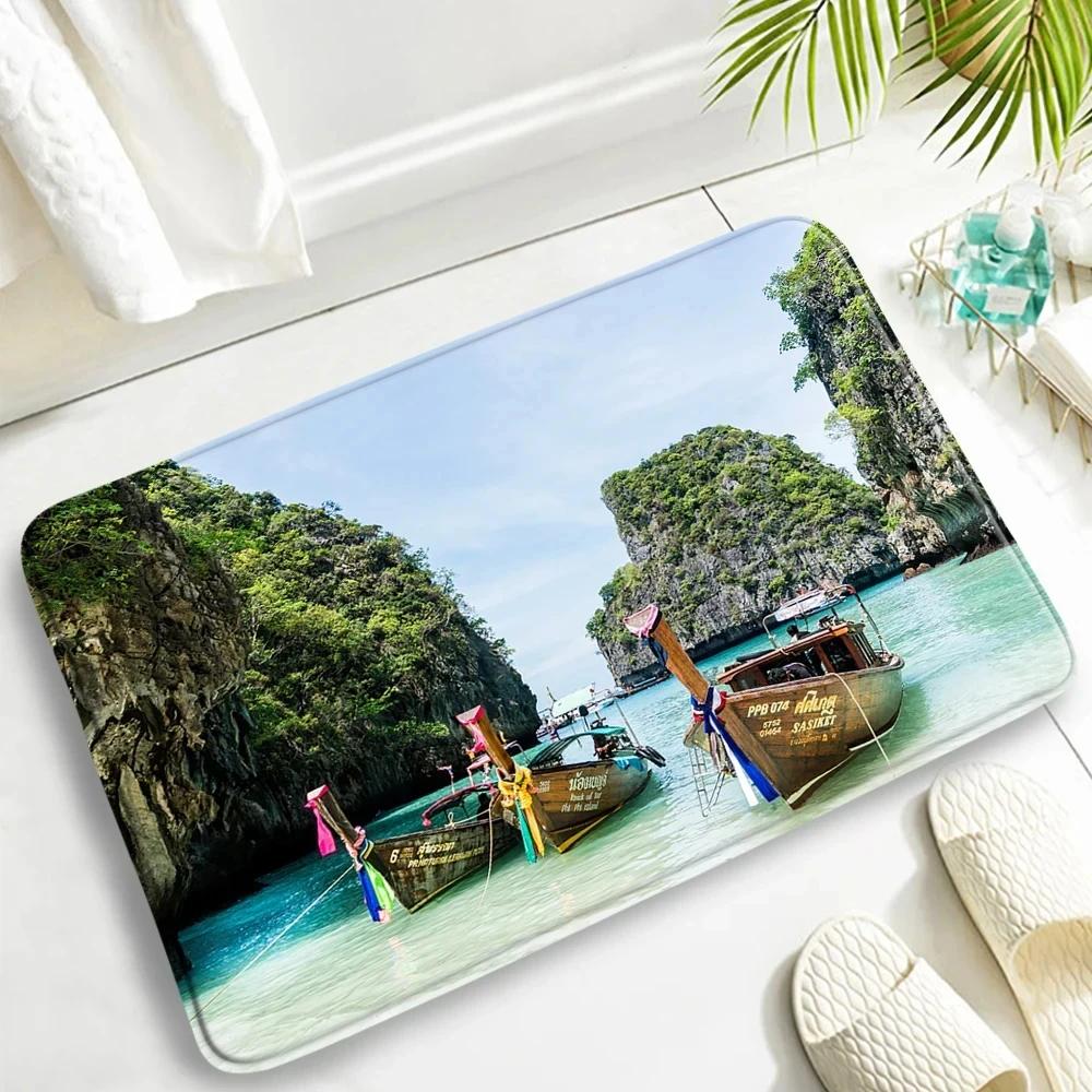 Summer Ocean Beach Carpet Hawaii Island Palm Trees Nature Scenery Bathroom Rug Non-slip Entrance Doormat for Living Room Decor
