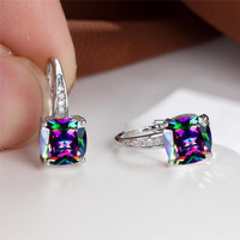 Rainbow Zircon Hoop Earrings Multicolor Crystal Square Stone Earrings Vintage Gold Color Wedding Earrings for Women Party