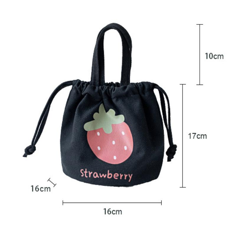 Mini Canvas Drawstring Lunch Bag Handbag Female Cartoon Strawberry Storage Bag Lunch Box Small Cloth Bag Women Tote Food Bags