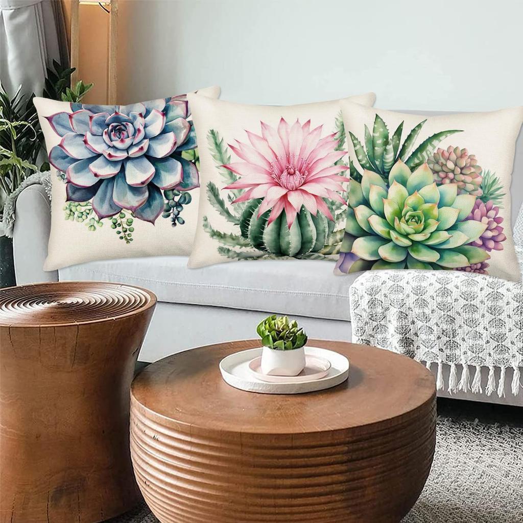 Succulent Cactus Floral Pillow Covers 22 X 22 Inch Set of 4 Tropical Green Plants Flower Summer Decorative Throw Pillow Case Cotton Linen Square