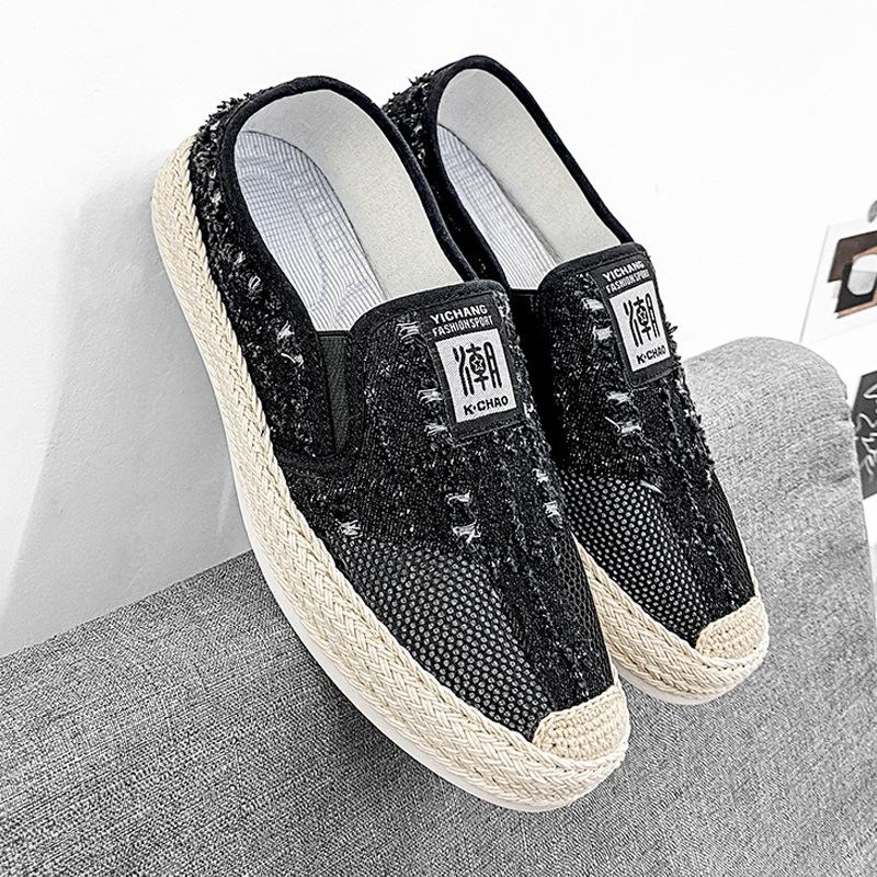 Men'S Shoes Denim Old Hole Design Sports Flat Shoes Fashion Straw Thick Sole One Pedal Board Shoes